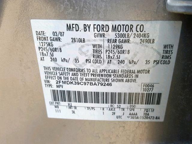 2FMDK39C97BA79246 - 2007 FORD EDGE SEL P SILVER photo 10