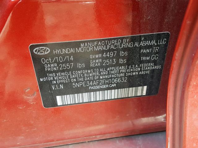 5NPE34AF2FH106632 - 2015 HYUNDAI SONATA SPO RED photo 10