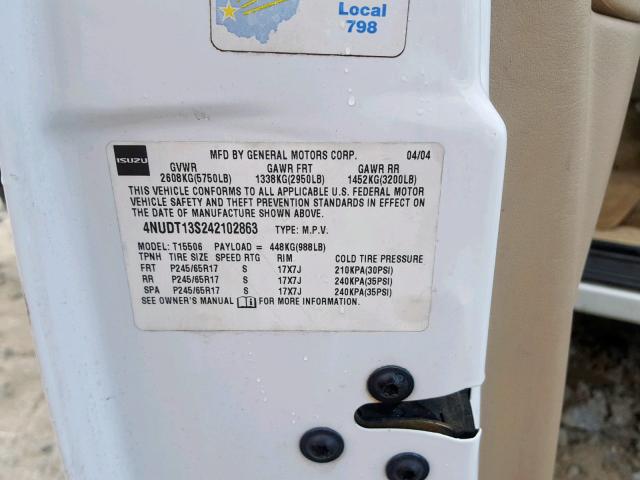 4NUDT13S242102863 - 2004 ISUZU ASCENDER S 白色 照片 10