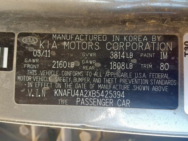 KNAFU4A2XB5425394 - 2011 KIA FORTE EX GRAY photo 10