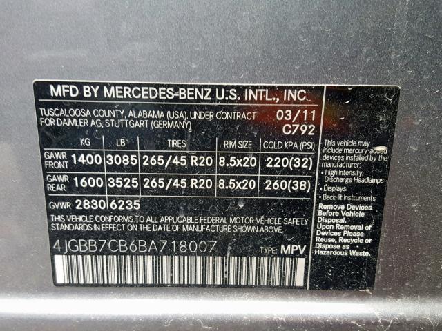 4JGBB7CB6BA718007 - 2011 MERCEDES-BENZ ML 550 4MA GRAY photo 10