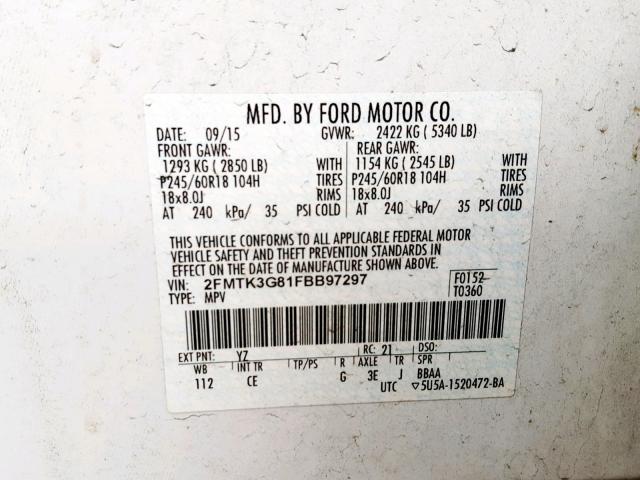 2FMTK3G81FBB97297 - 2015 FORD EDGE SE WHITE photo 10