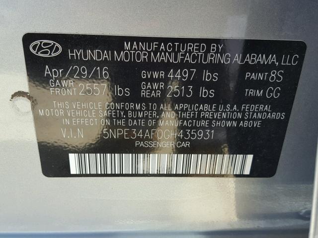 5NPE34AF0GH435931 - 2016 HYUNDAI SONATA SPO GRAY photo 10