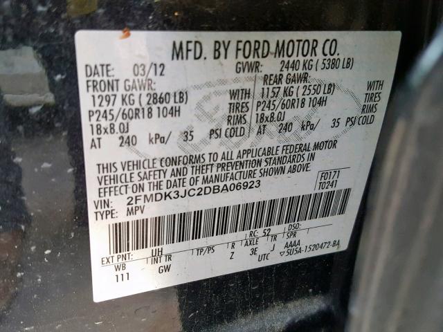 2FMDK3JC2DBA06923 - 2013 FORD EDGE SEL BLACK photo 10