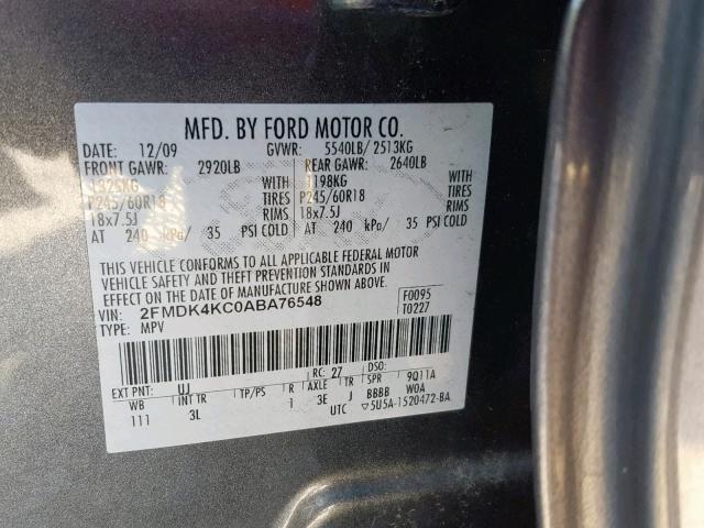 2FMDK4KC0ABA76548 - 2010 FORD EDGE LIMIT GRAY photo 10