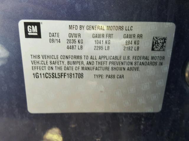 1G11C5SL5FF181708 - 2015 CHEVROLET MALIBU 1LT BLUE photo 10