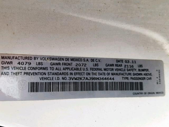 3VW2K7AJ9BM364644 - 2011 VOLKSWAGEN JETTA BASE WHITE photo 10