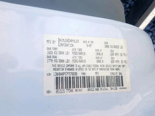 1D8HB48P57F576696 - 2007 DODGE DURANGO SL WHITE photo 10