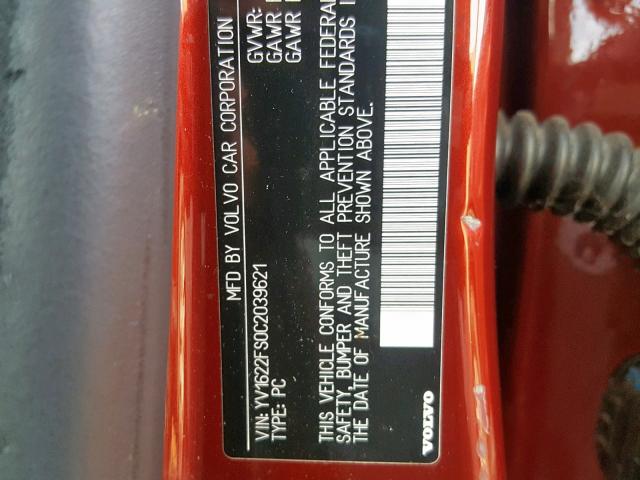 YV1622FS0C2039621 - 2012 VOLVO S60 T5 RED photo 10