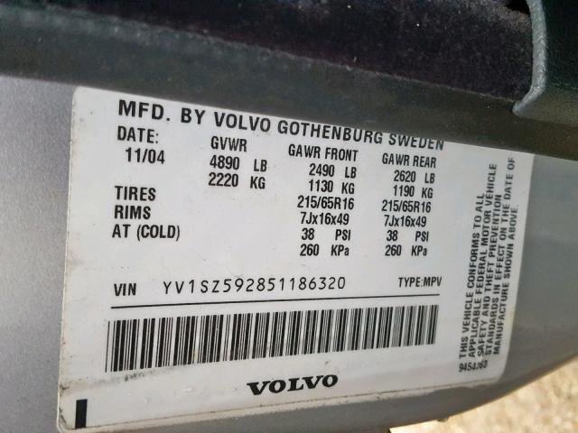 YV1SZ592851186320 - 2005 VOLVO XC70 SILVER photo 10