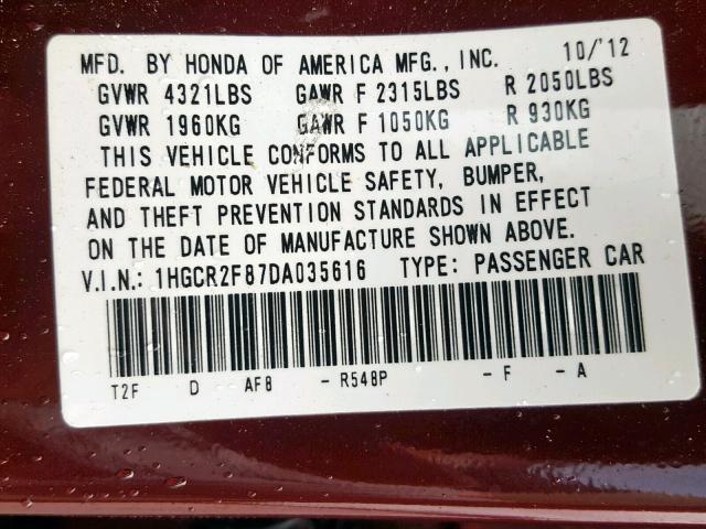 1HGCR2F87DA035616 - 2013 HONDA ACCORD EXL MAROON photo 10