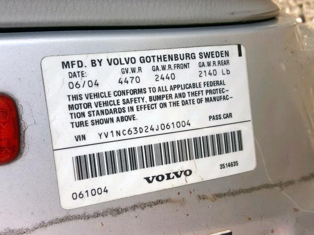 YV1NC63D24J061004 - 2004 VOLVO C70 LPT SILVER photo 10