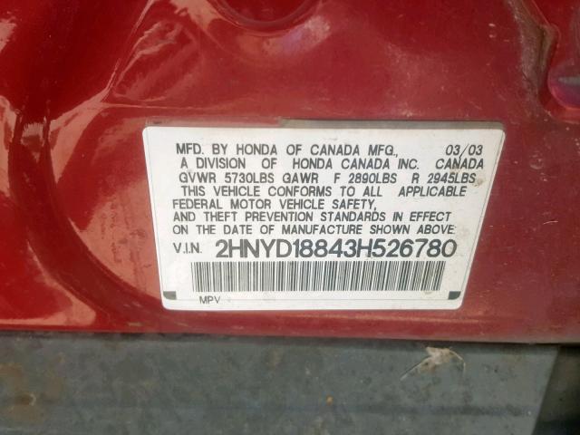 2HNYD18843H526780 - 2003 ACURA MDX TOURIN RED photo 10