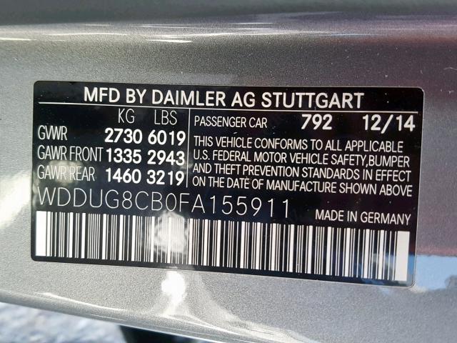 WDDUG8CB0FA155911 - 2015 MERCEDES-BENZ S 550 GRAY photo 10