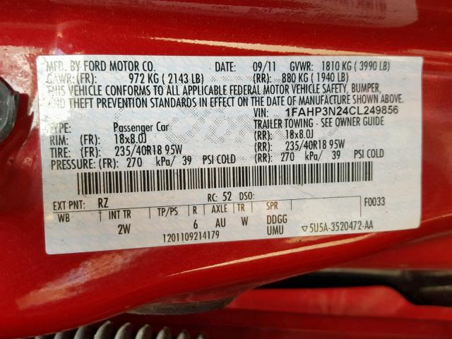 1FAHP3N24CL249856 - 2012 FORD FOCUS TITA RED photo 10