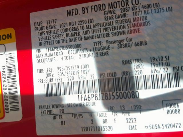1FA6P8JZ8J5500080 - 2018 FORD MUSTANG SH RED photo 10