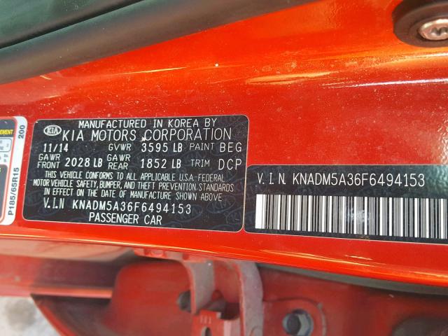 KNADM5A36F6494153 - 2015 KIA RIO LX RED photo 10