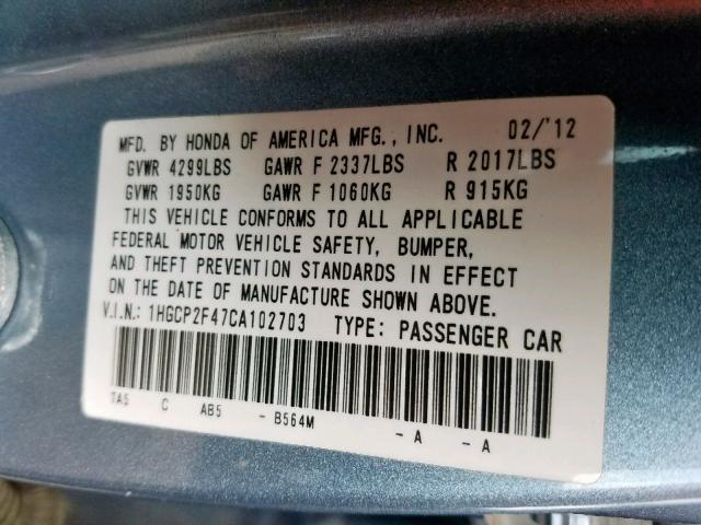 1HGCP2F47CA102703 - 2012 HONDA ACCORD LXP BLUE photo 10