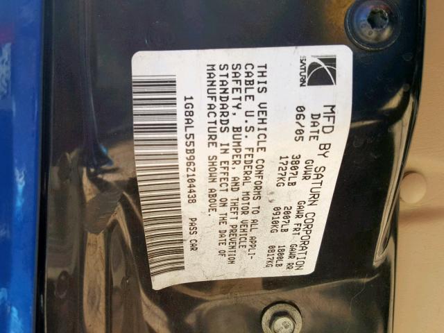 1G8AL55B96Z104438 - 2006 SATURN ION LEVEL BLUE photo 10