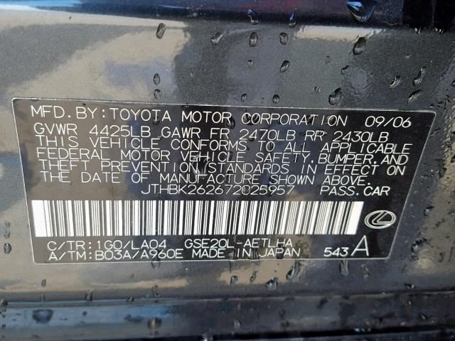 JTHBK262672025957 - 2007 LEXUS IS 250 GRAY photo 10