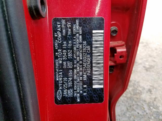 KMHCT5AE6GU278234 - 2016 HYUNDAI ACCENT SE RED photo 10