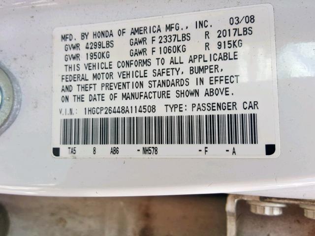 1HGCP26448A114508 - 2008 HONDA ACCORD LXP WHITE photo 10