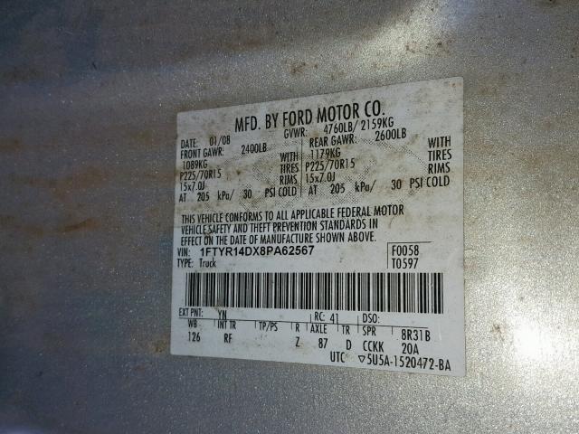 1FTYR14DX8PA62567 - 2008 FORD RANGER SUP SILVER photo 10