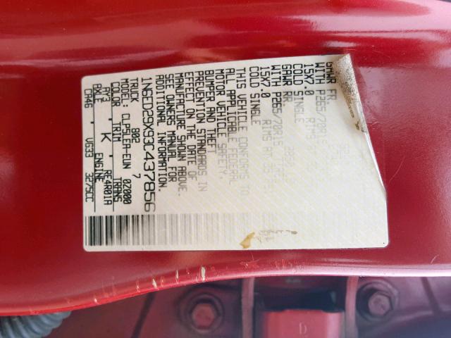 1N6ED29X93C437856 - 2003 NISSAN FRONTIER C RED photo 10