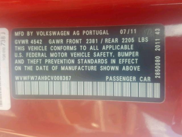 WVWFW7AH9CV008367 - 2012 VOLKSWAGEN EOS LUX 红色 照片 10