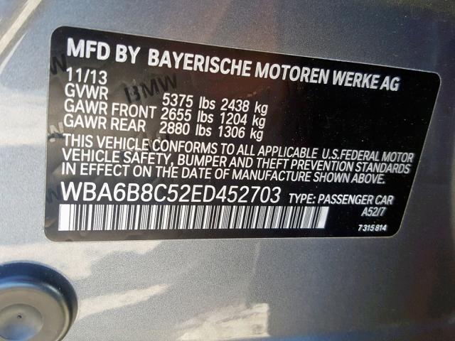 WBA6B8C52ED452703 - 2014 BMW 640 XI GRAY photo 10