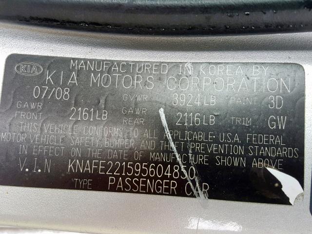 KNAFE221595604850 - 2009 KIA SPECTRA EX SILVER photo 10