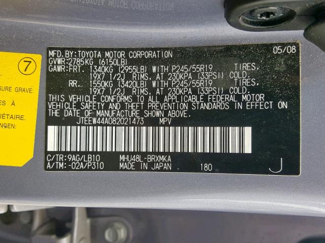 JTEEW44A082021473 - 2008 TOYOTA HIGHLANDER SILVER photo 10