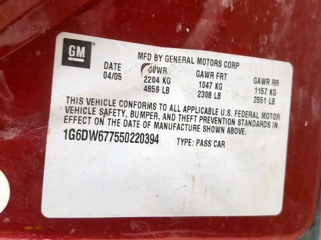 1G6DW677550220394 - 2005 CADILLAC STS RED photo 10