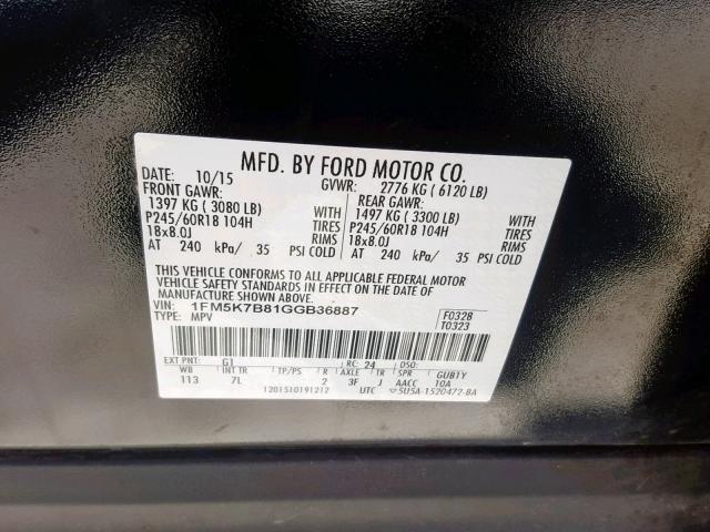 1FM5K7B81GGB36887 - 2016 FORD EXPLORER BLACK photo 10