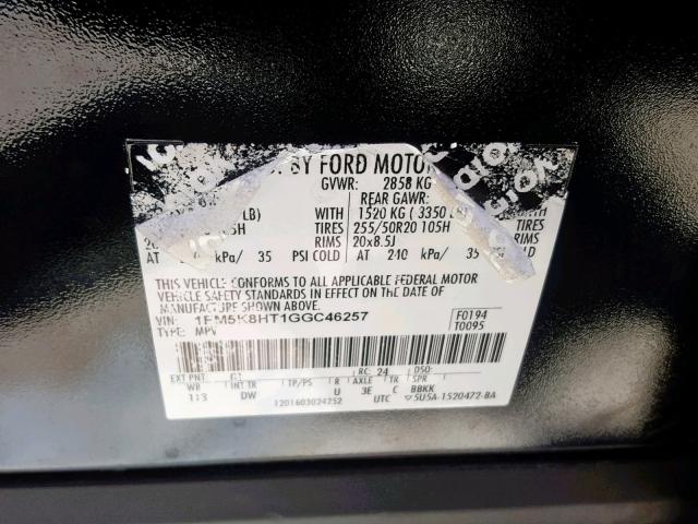 1FM5K8HT1GGC46257 - 2016 FORD EXPLORER P BLACK photo 10