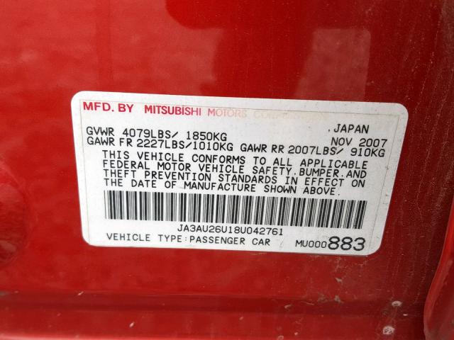 JA3AU26U18U042761 - 2008 MITSUBISHI LANCER ES RED photo 10