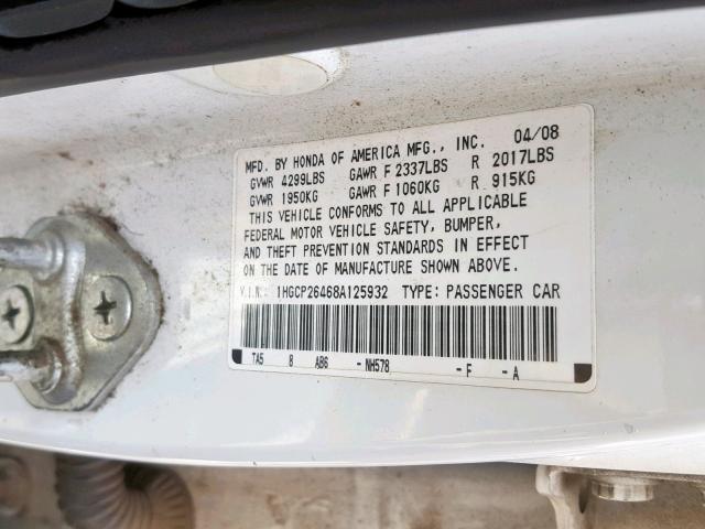 1HGCP26468A125932 - 2008 HONDA ACCORD LXP WHITE photo 10