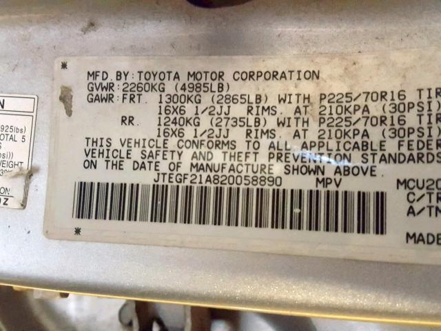 JTEGF21A820058890 - 2002 TOYOTA HIGHLANDER SILVER photo 10