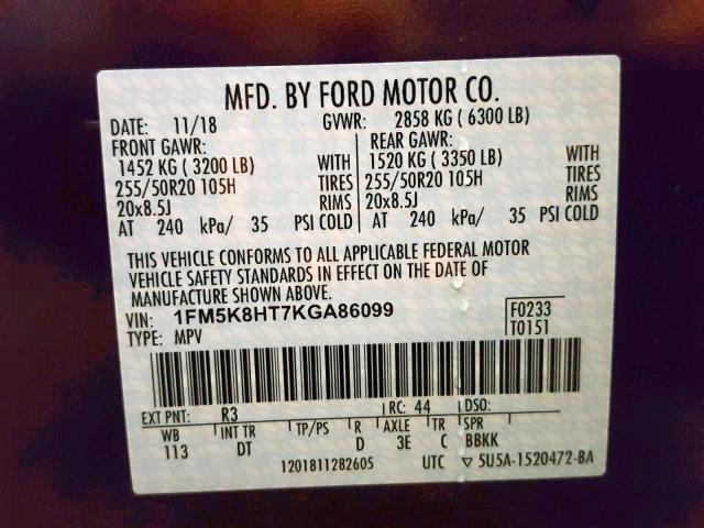 1FM5K8HT7KGA86099 - 2019 FORD EXPLORER P PURPLE photo 10