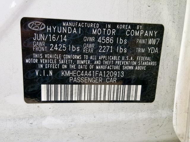 KMHEC4A41FA120913 - 2015 HYUNDAI SONATA HYB WHITE photo 10