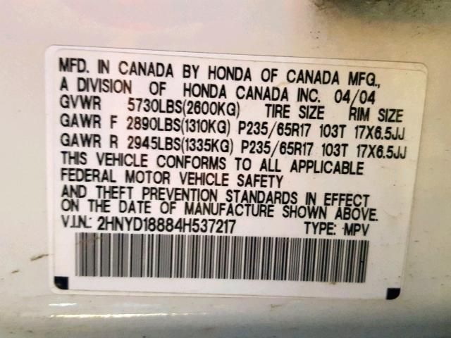 2HNYD18884H537217 - 2004 ACURA MDX TOURIN WHITE photo 10