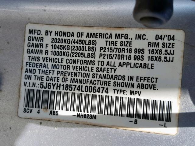 5J6YH18574L006474 - 2004 HONDA ELEMENT EX SILVER photo 10