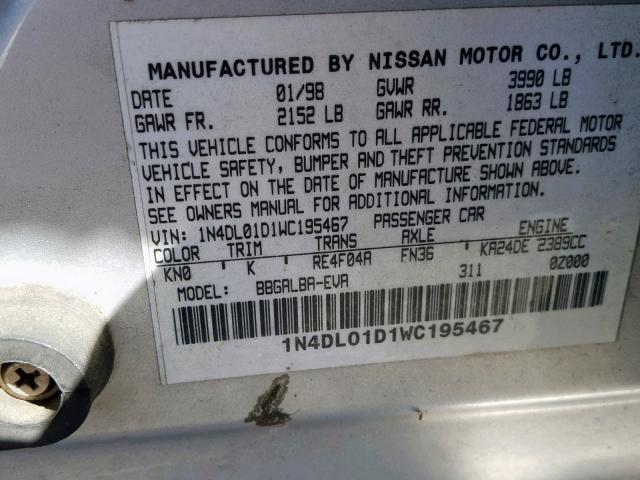 1N4DL01D1WC195467 - 1998 NISSAN ALTIMA XE SILVER photo 10