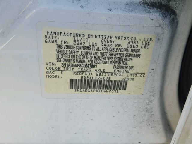 3N1AB6AP8CL667891 - 2012 NISSAN SENTRA 2.0 WHITE photo 10