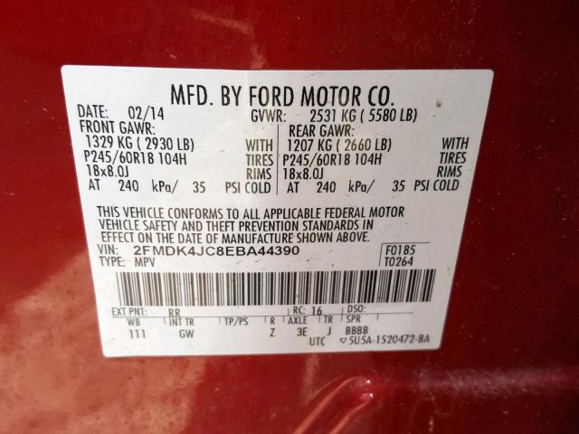 2FMDK4JC8EBA44390 - 2014 FORD EDGE SEL RED photo 10