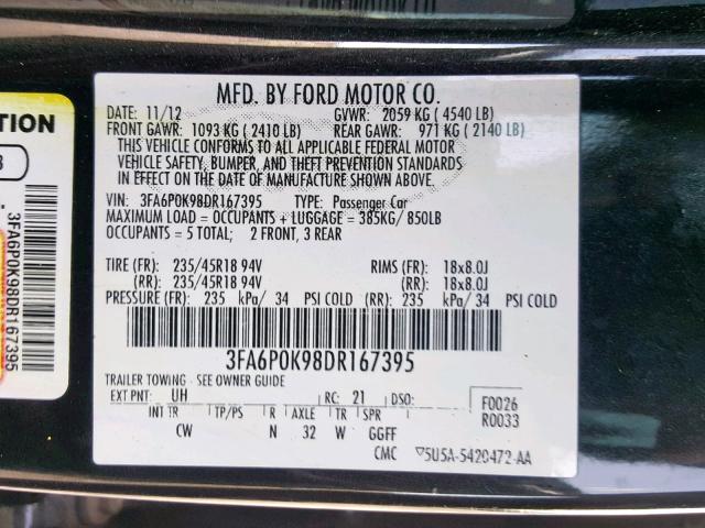 3FA6P0K98DR167395 - 2013 FORD FUSION TIT BLACK photo 10