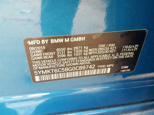 5YMKT6C58G0C89742 - 2016 BMW X5 M BLUE photo 10