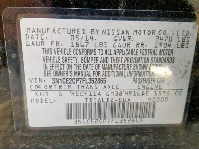 3N1CE2CP7FL352865 - 2015 NISSAN VERSA NOTE BLACK photo 10