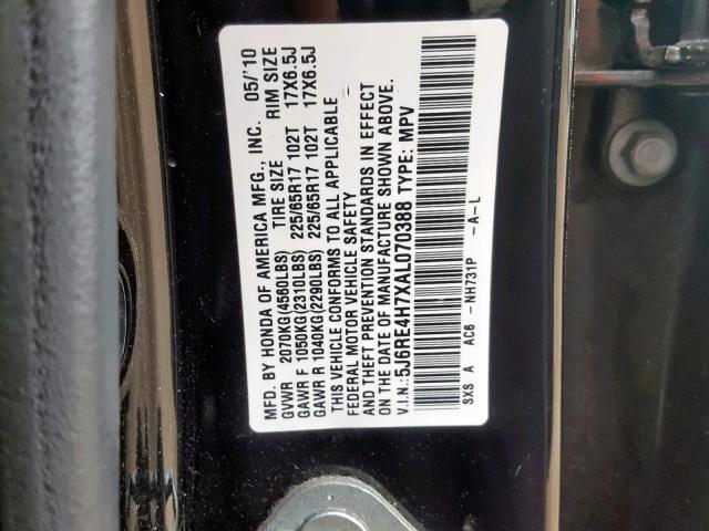 5J6RE4H7XAL070388 - 2010 HONDA CR-V EXL BLACK photo 10