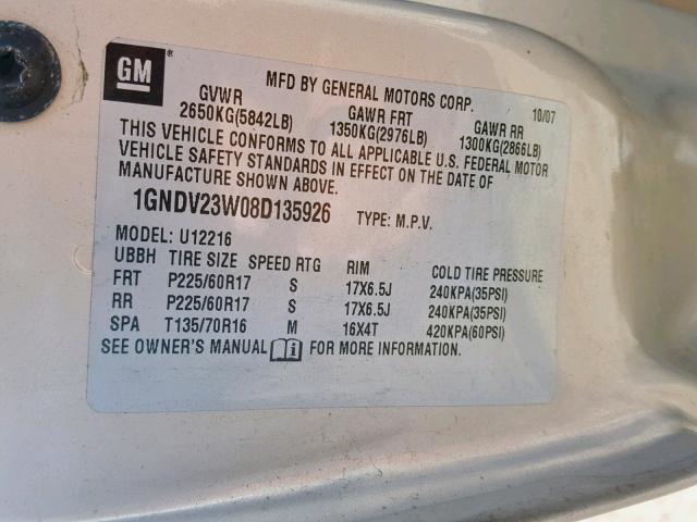 1GNDV23W08D135926 - 2008 CHEVROLET UPLANDER L GOLD photo 10